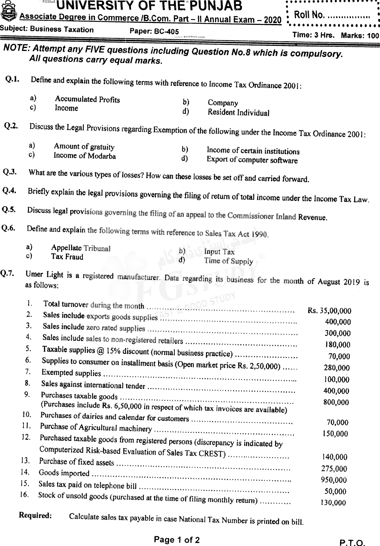 B Com Part 2 Business Taxation Past Paper 2020 Punjab University