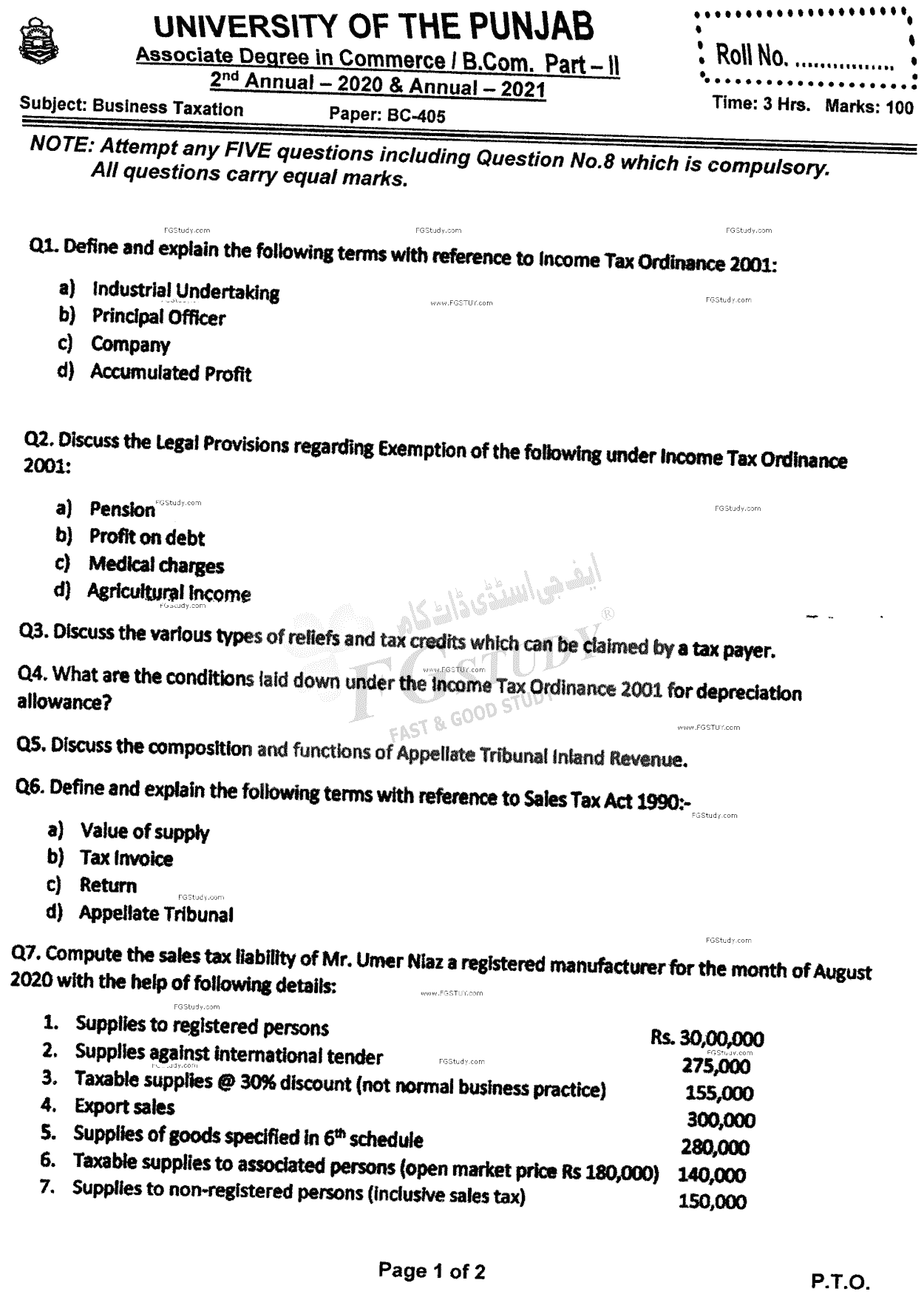 B Com Part 2 Business Taxation Past Paper 2021 Punjab University