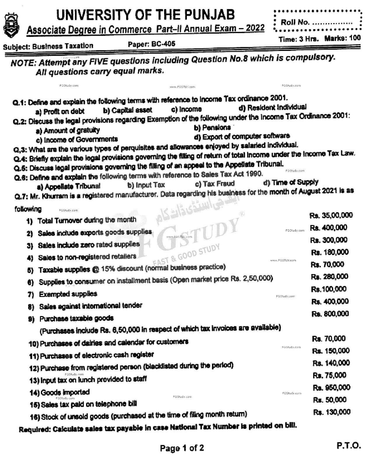 B Com Part 2 Business Taxation Past Paper 2022 Punjab University