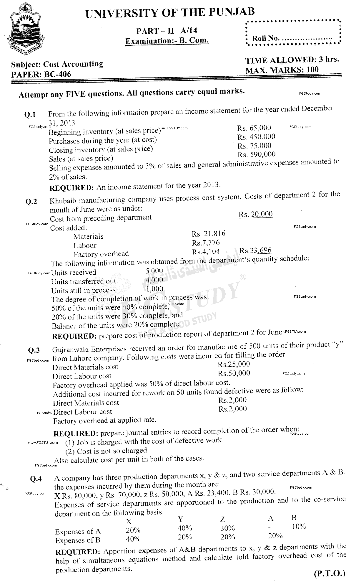 B Com Part 2 Cost Accounting Past Paper 2014 Punjab University