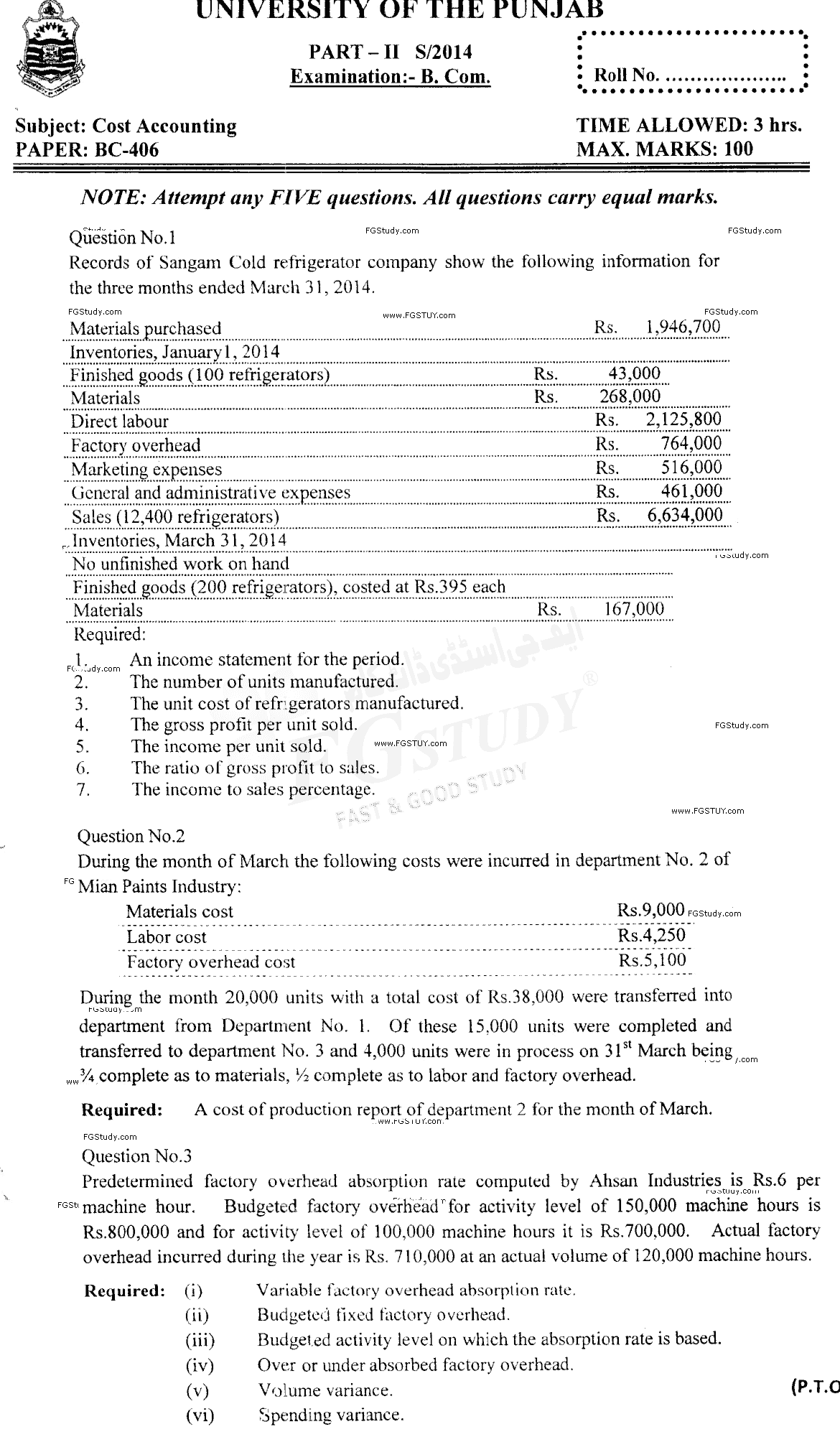 B Com Part 2 Cost Accounting Past Paper 2014 Punjab University