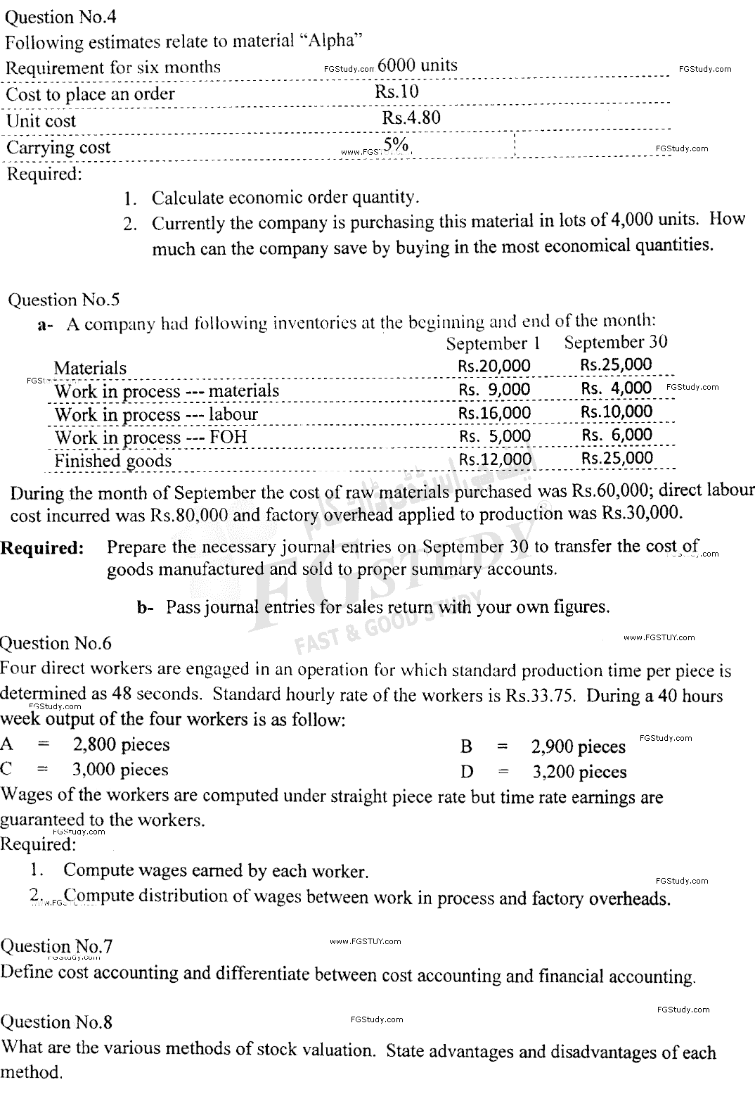 B Com Part 2 Cost Accounting Past Paper 2014 Punjab University