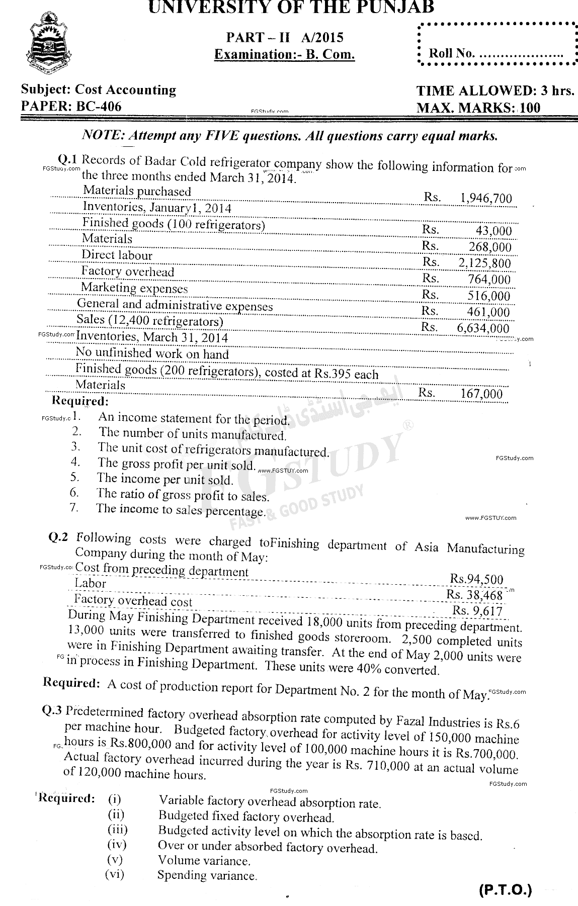 B Com Part 2 Cost Accounting Past Paper 2015 Punjab University