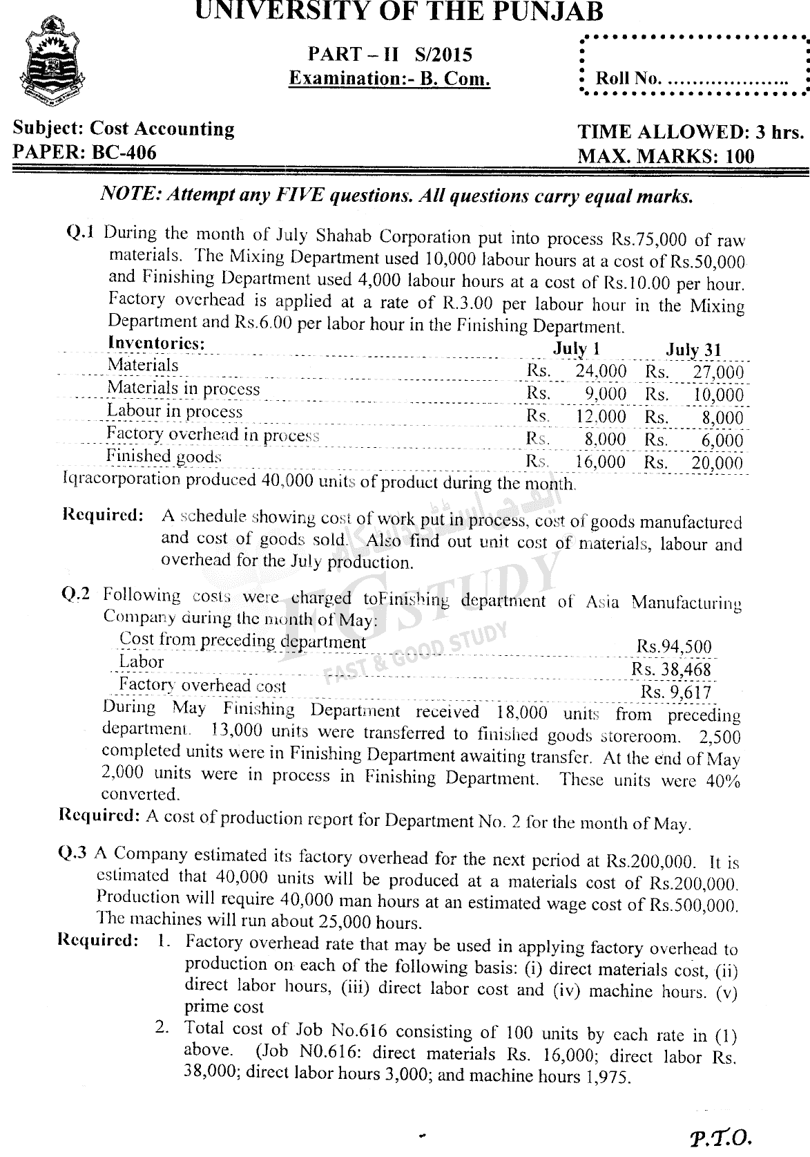 B Com Part 2 Cost Accounting Past Paper 2015 Punjab University