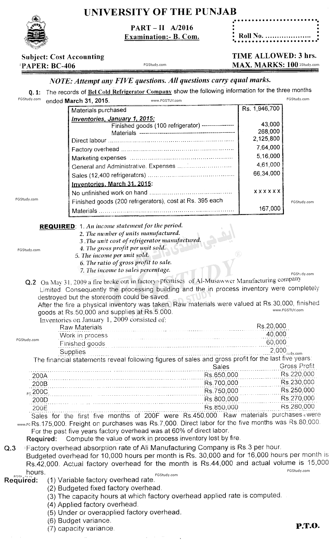 B Com Part 2 Cost Accounting Past Paper 2016 Punjab University