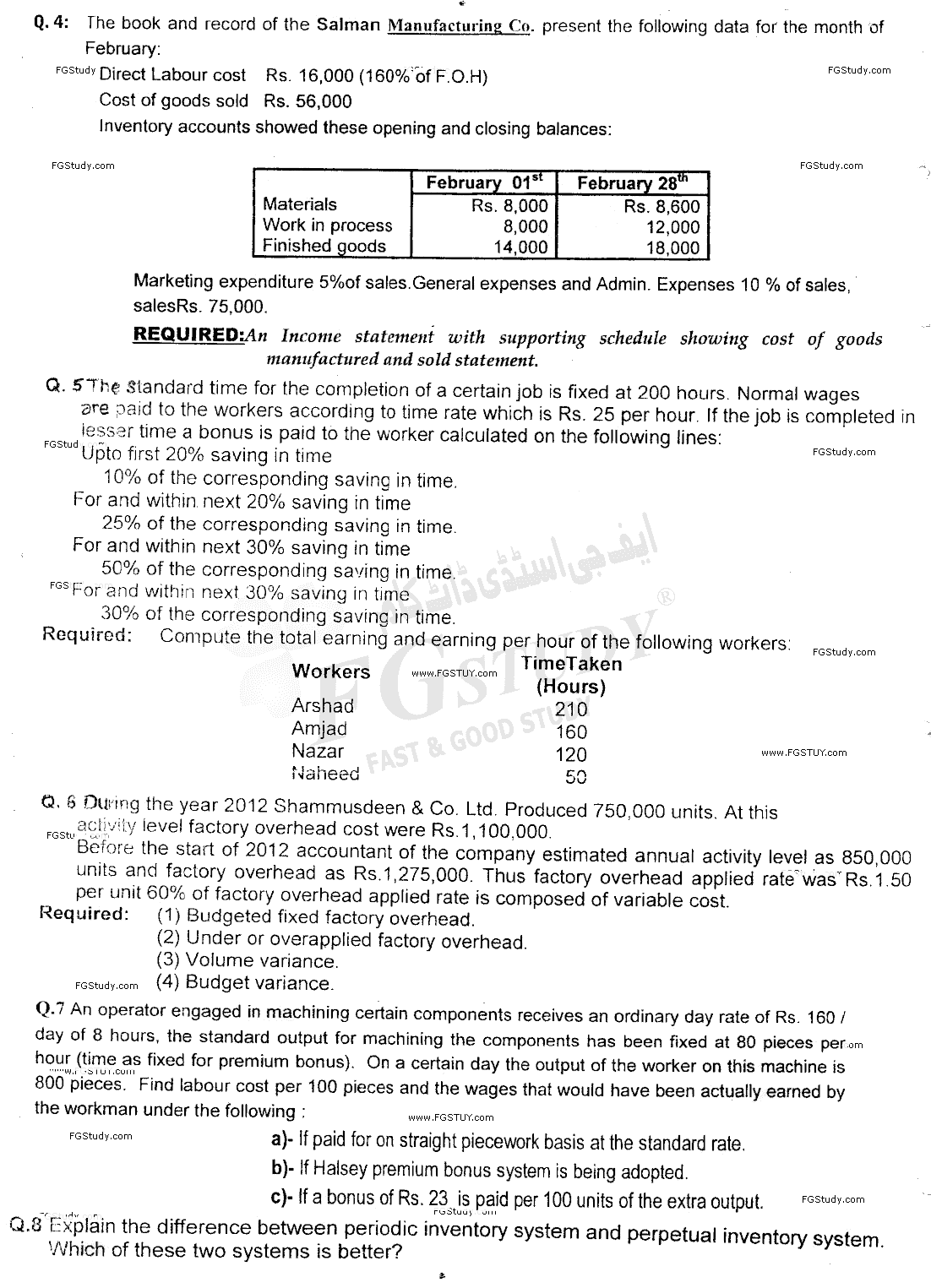 B Com Part 2 Cost Accounting Past Paper 2016 Punjab University