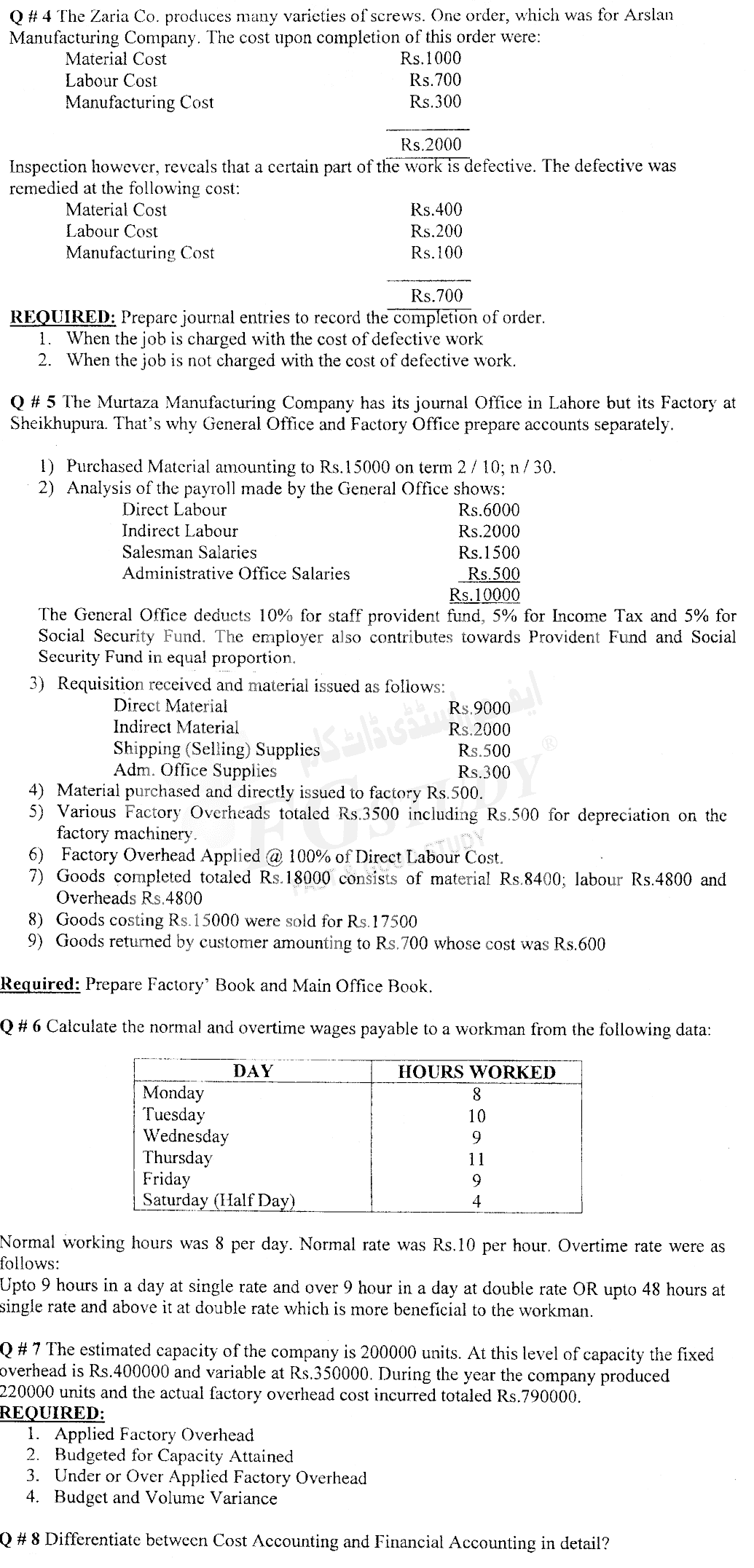 B Com Part 2 Cost Accounting Past Paper 2016 Punjab University