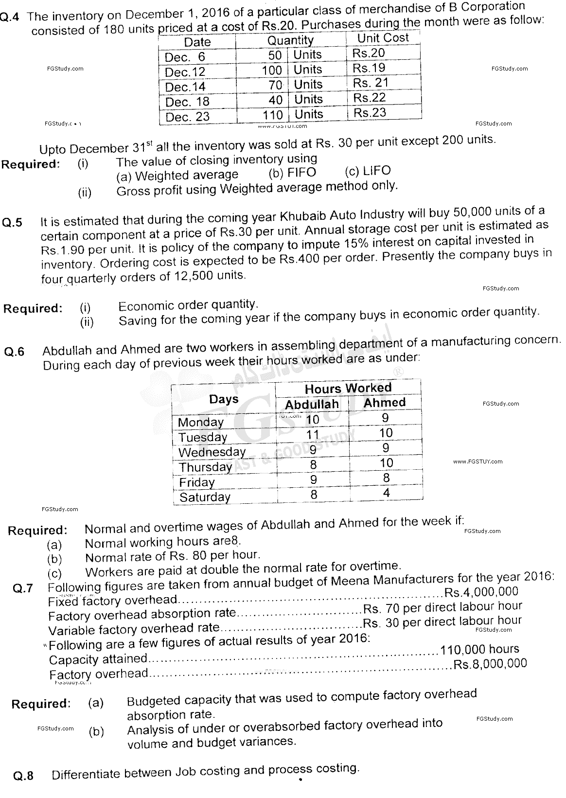 B Com Part 2 Cost Accounting Past Paper 2017 Punjab University