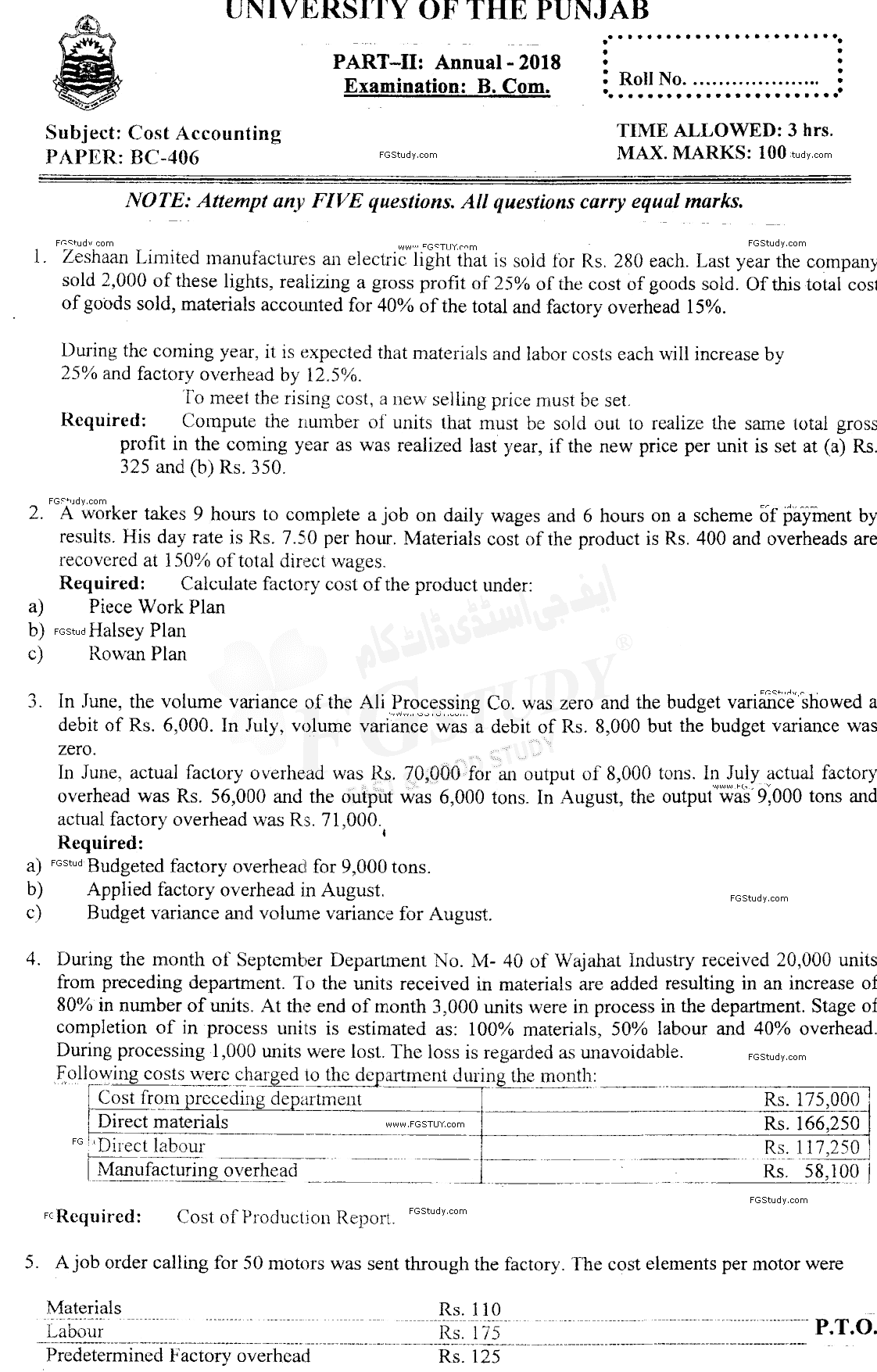 B Com Part 2 Cost Accounting Past Paper 2018 Punjab University