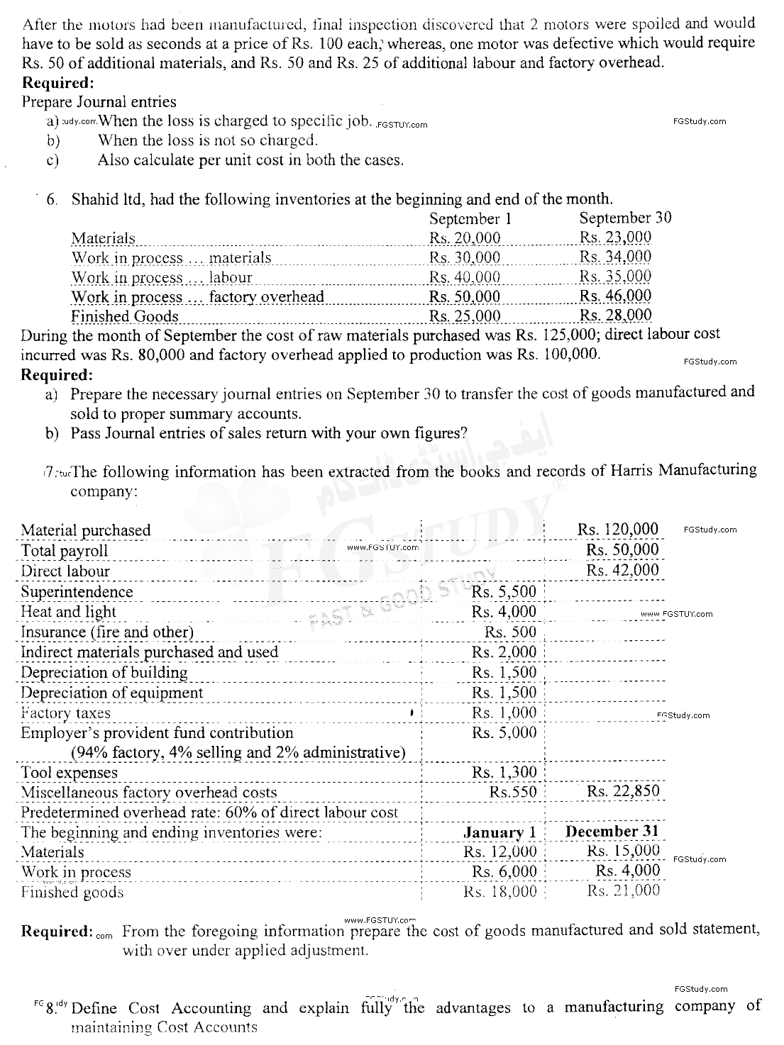 B Com Part 2 Cost Accounting Past Paper 2018 Punjab University