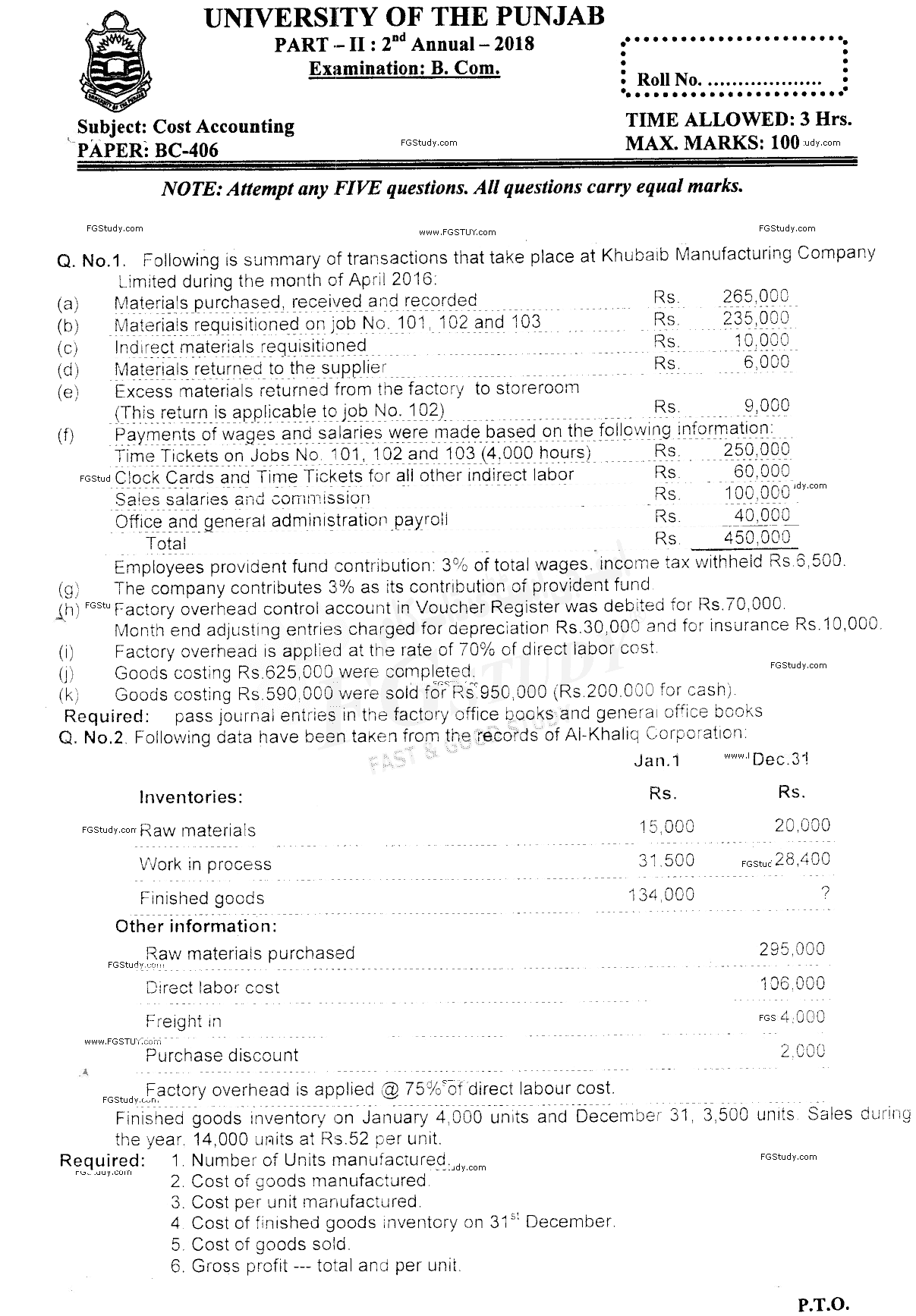 B Com Part 2 Cost Accounting Past Paper 2018 Punjab University