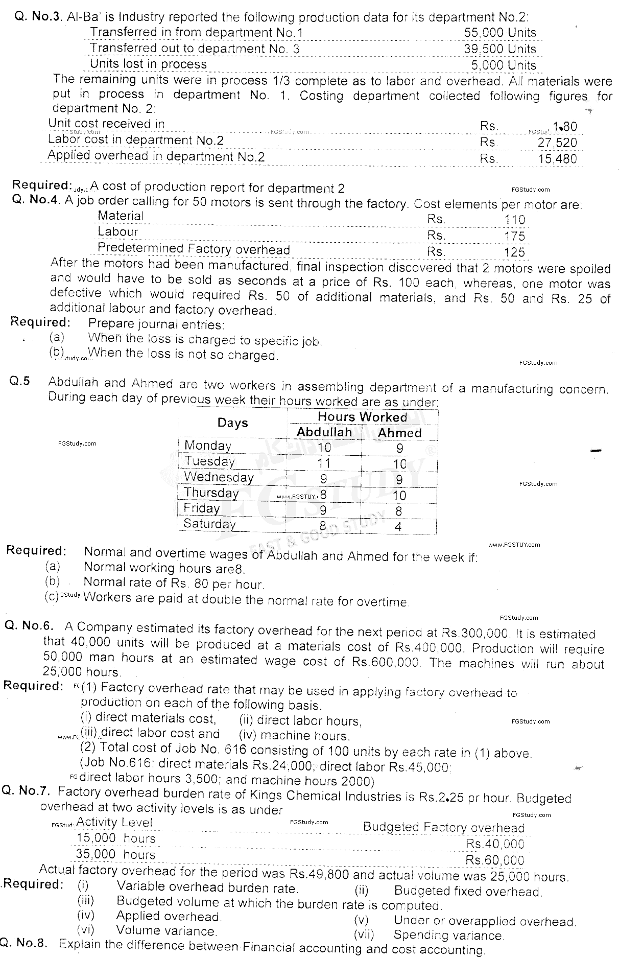 B Com Part 2 Cost Accounting Past Paper 2018 Punjab University