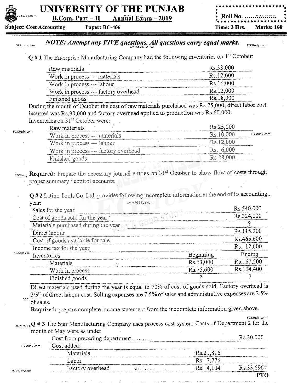 B Com Part 2 Cost Accounting Past Paper 2019 Punjab University