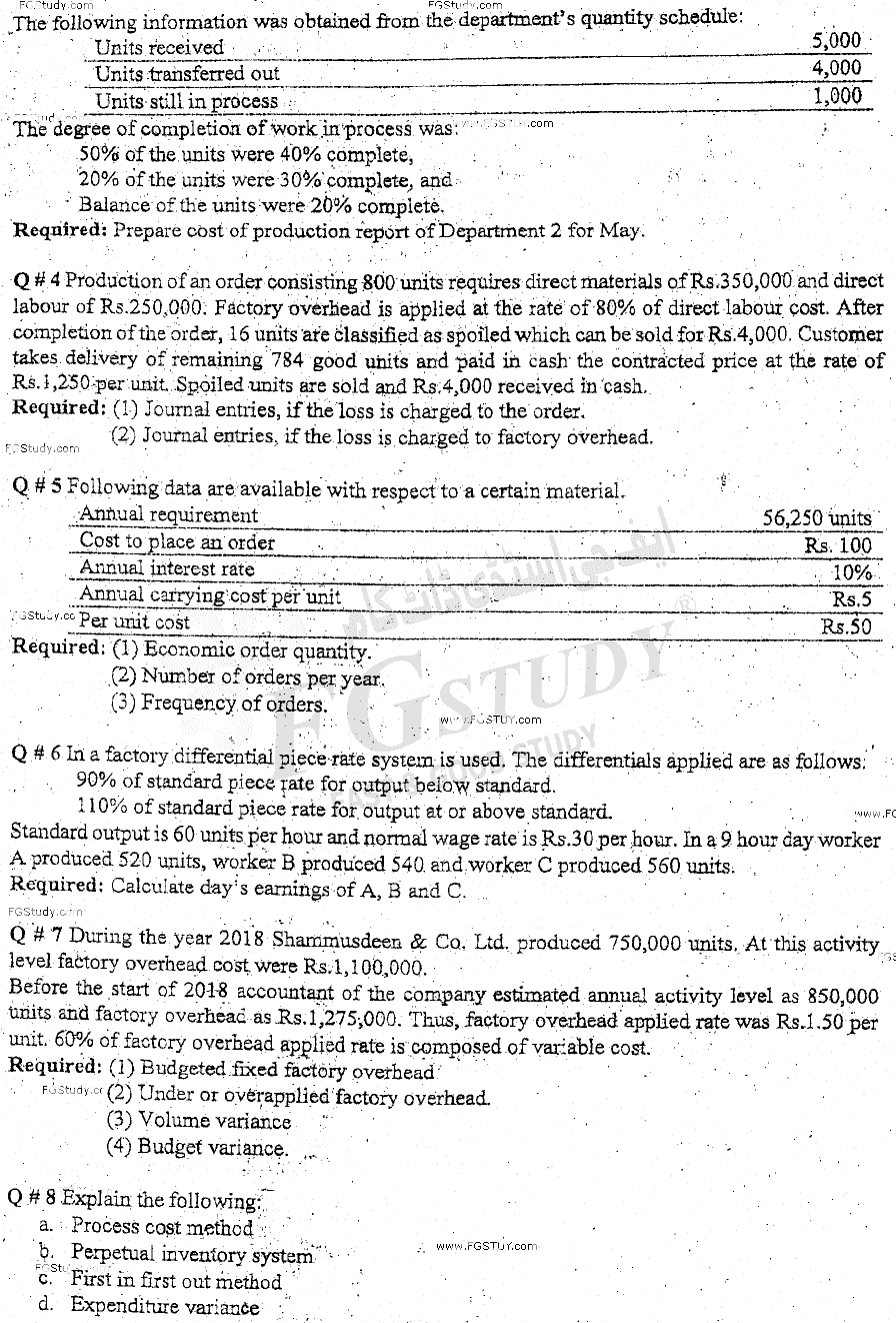B Com Part 2 Cost Accounting Past Paper 2019 Punjab University
