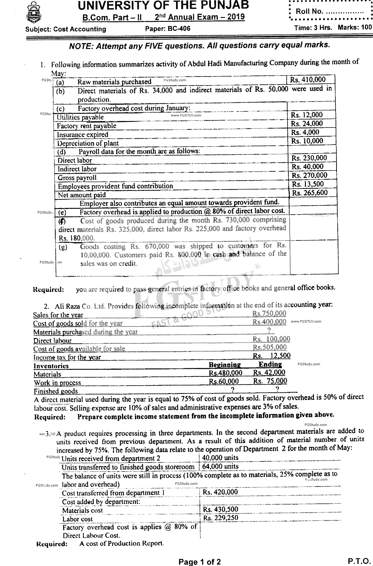 B Com Part 2 Cost Accounting Past Paper 2019 Punjab University
