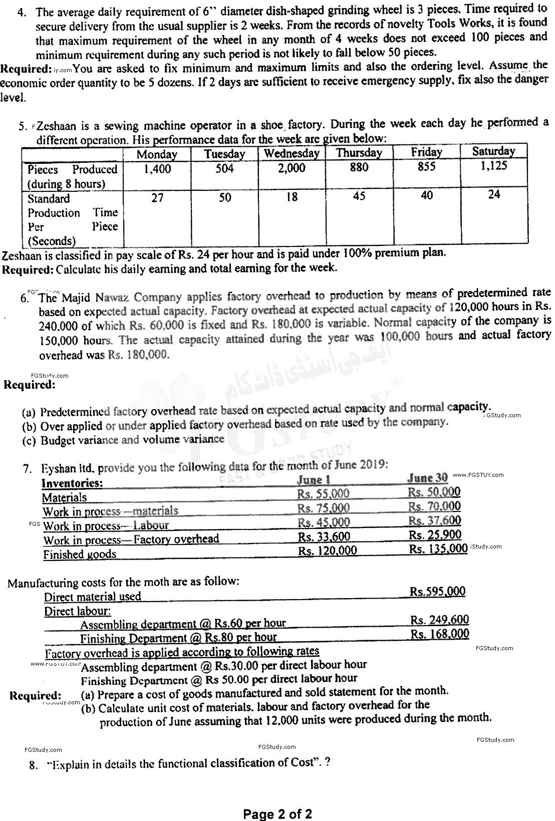 B Com Part 2 Cost Accounting Past Paper 2019 Punjab University