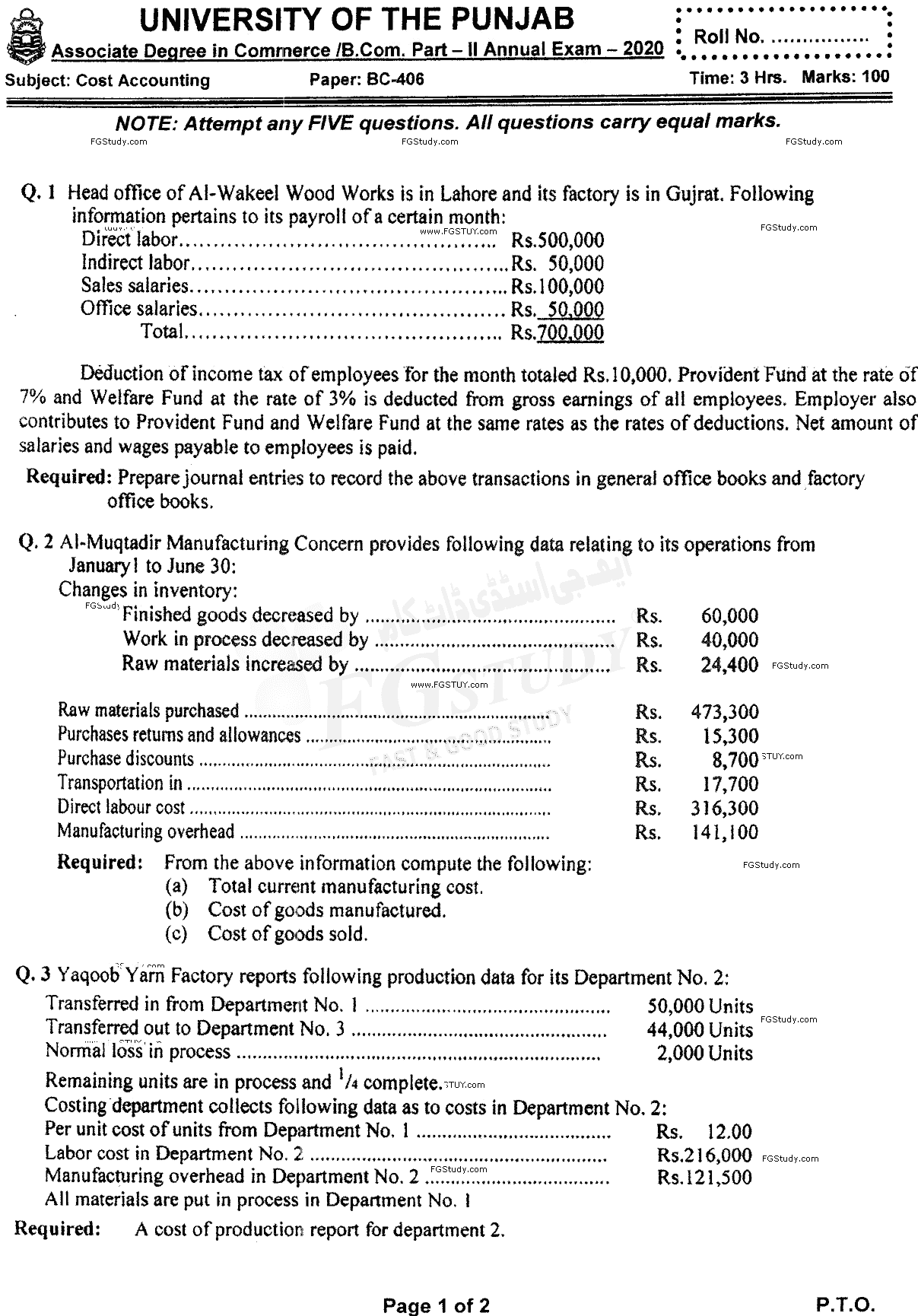 B Com Part 2 Cost Accounting Past Paper 2020 Punjab University