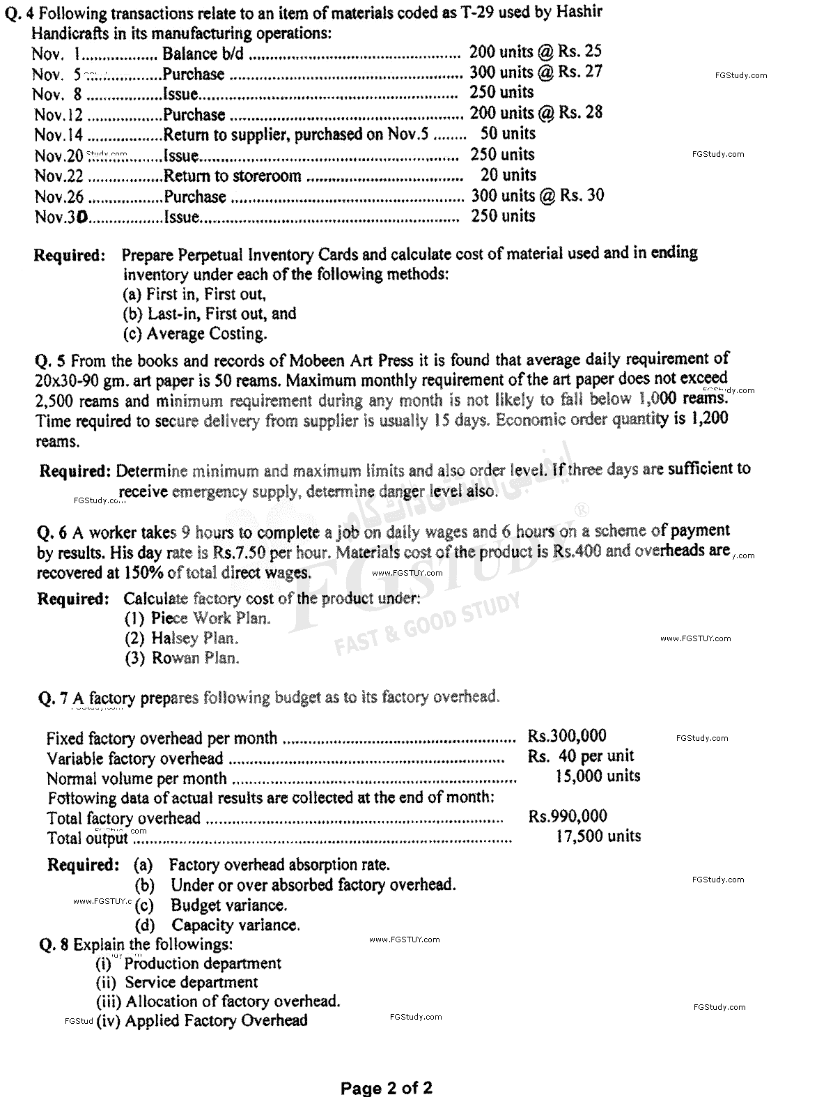 B Com Part 2 Cost Accounting Past Paper 2020 Punjab University