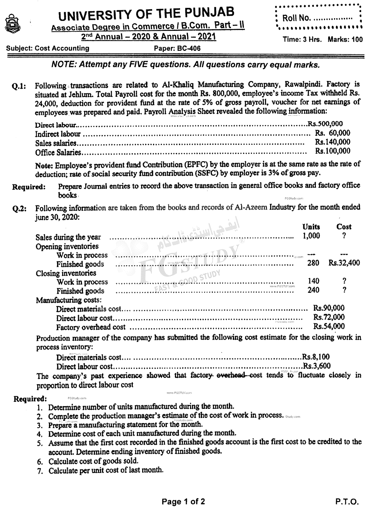 B Com Part 2 Cost Accounting Past Paper 2021 Punjab University