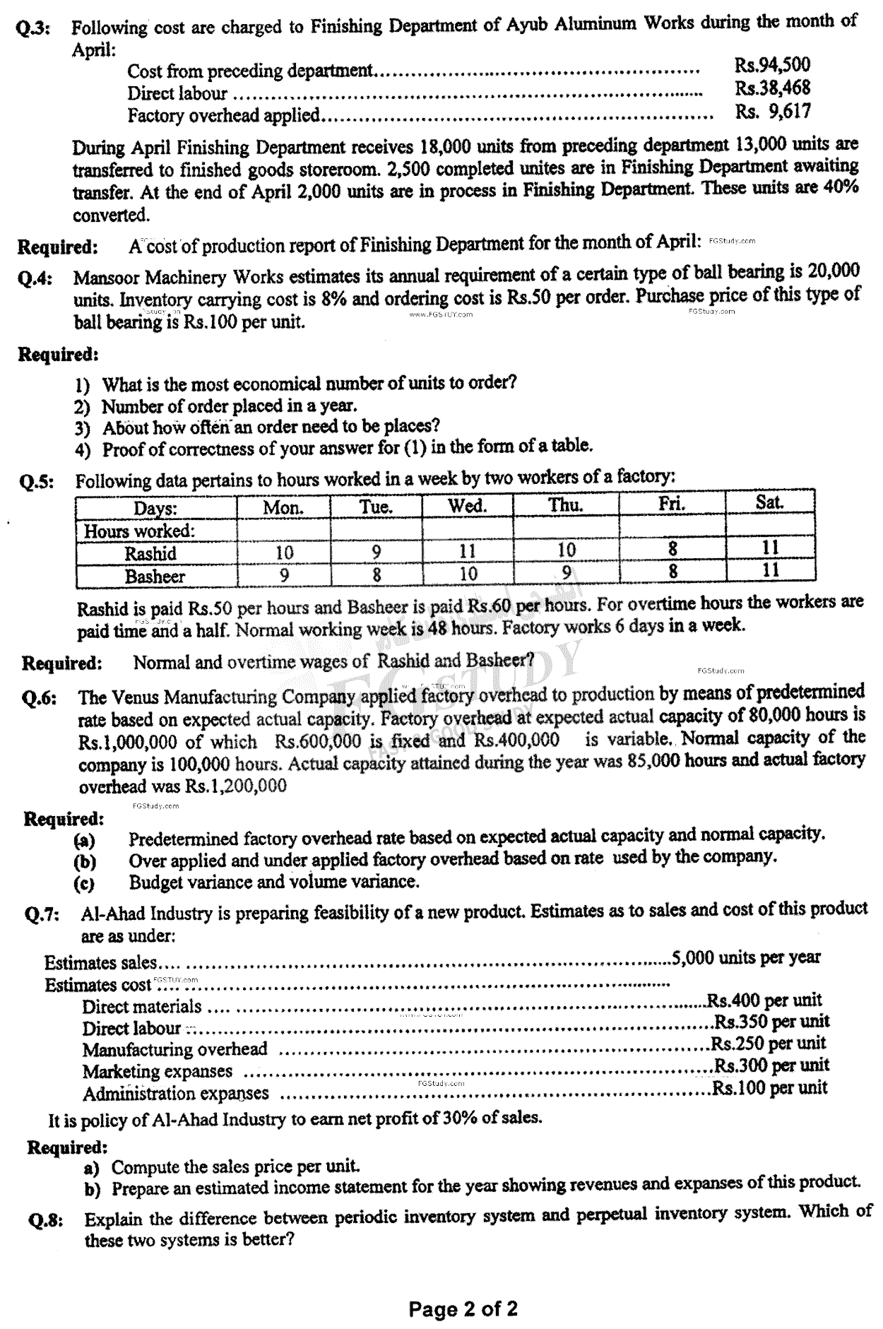 B Com Part 2 Cost Accounting Past Paper 2021 Punjab University