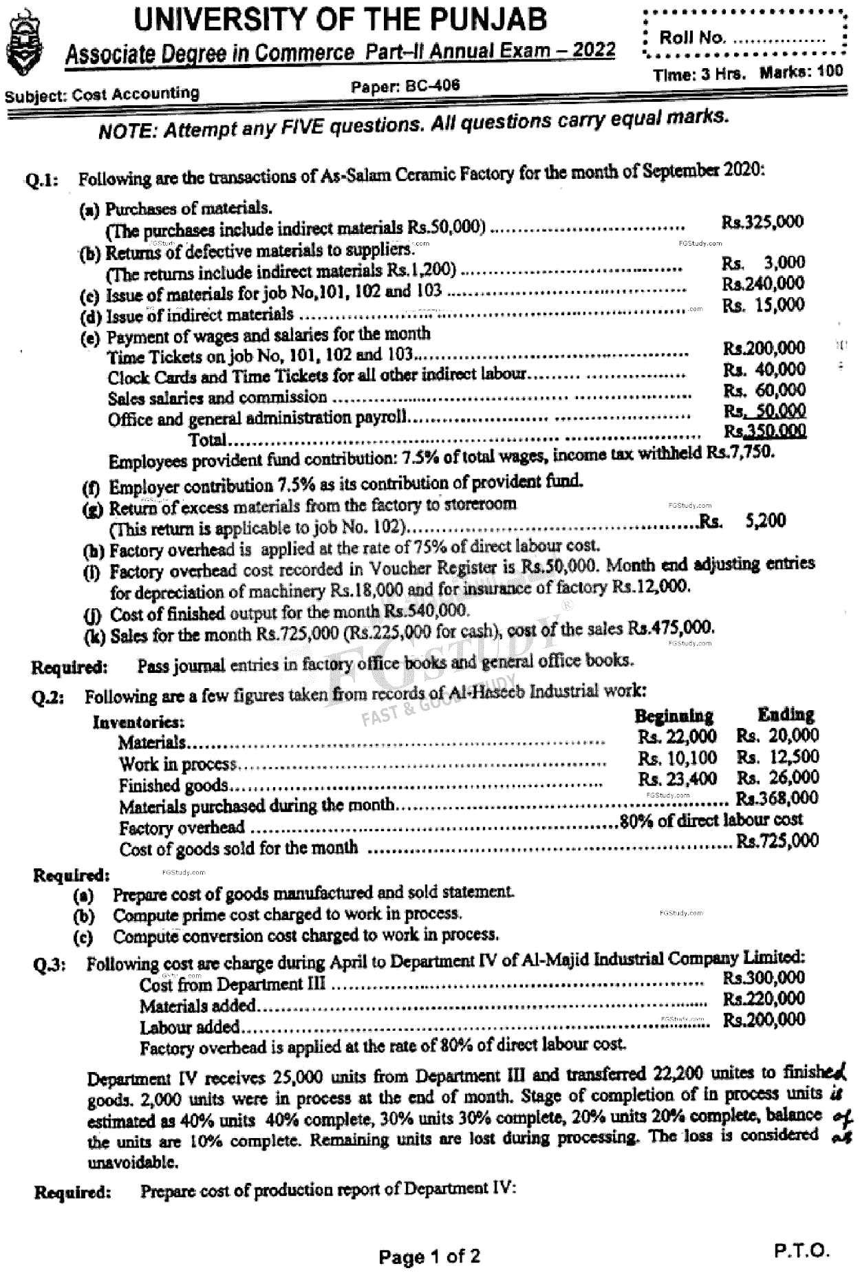 B Com Part 2 Cost Accounting Past Paper 2022 Punjab University