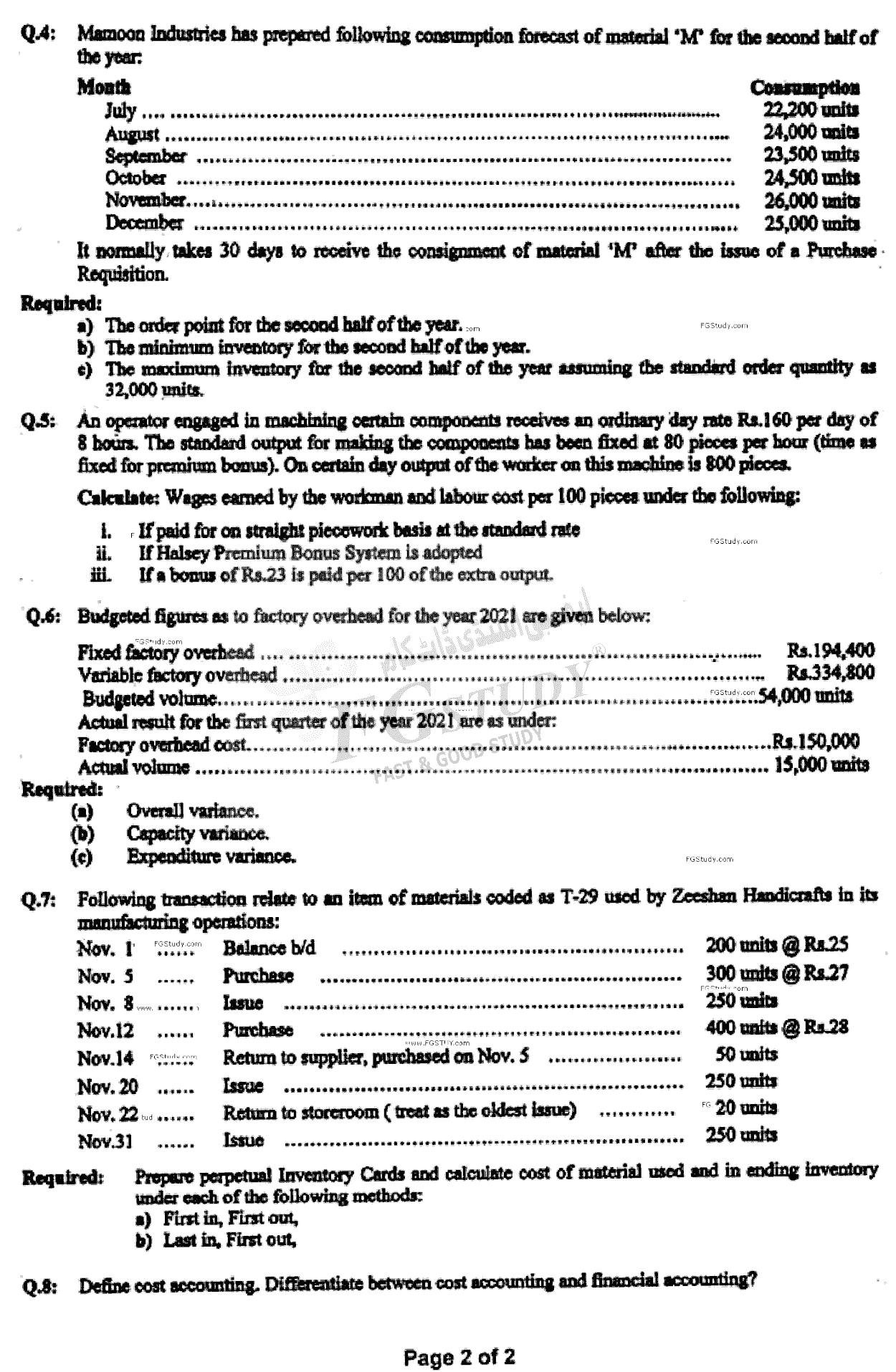 B Com Part 2 Cost Accounting Past Paper 2022 Punjab University