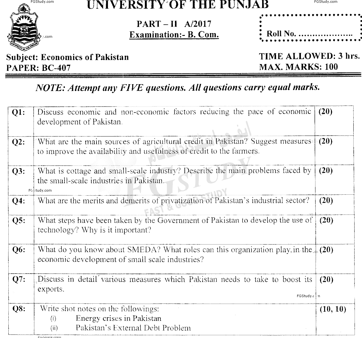 B Com Part 2 Economics Of Pakistan Past Paper 2017 Punjab University