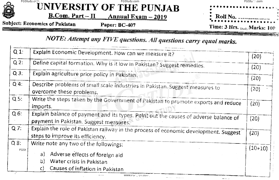 B Com Part 2 Economics Of Pakistan Past Paper 2019 Punjab University