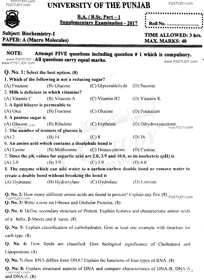 BSc Part 1 Biochemistry 1 Macro Molecules Past Paper 2017 Punjab University