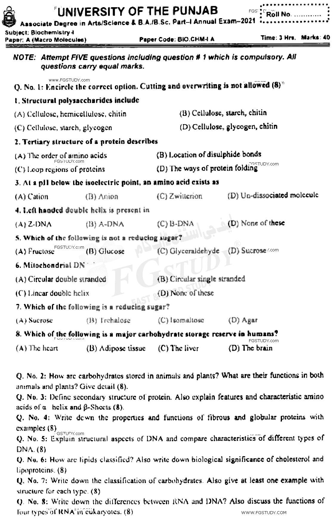 BSc Part 1 Biochemistry 1 Macro Molecules Past Paper 2021 Punjab University Subjective