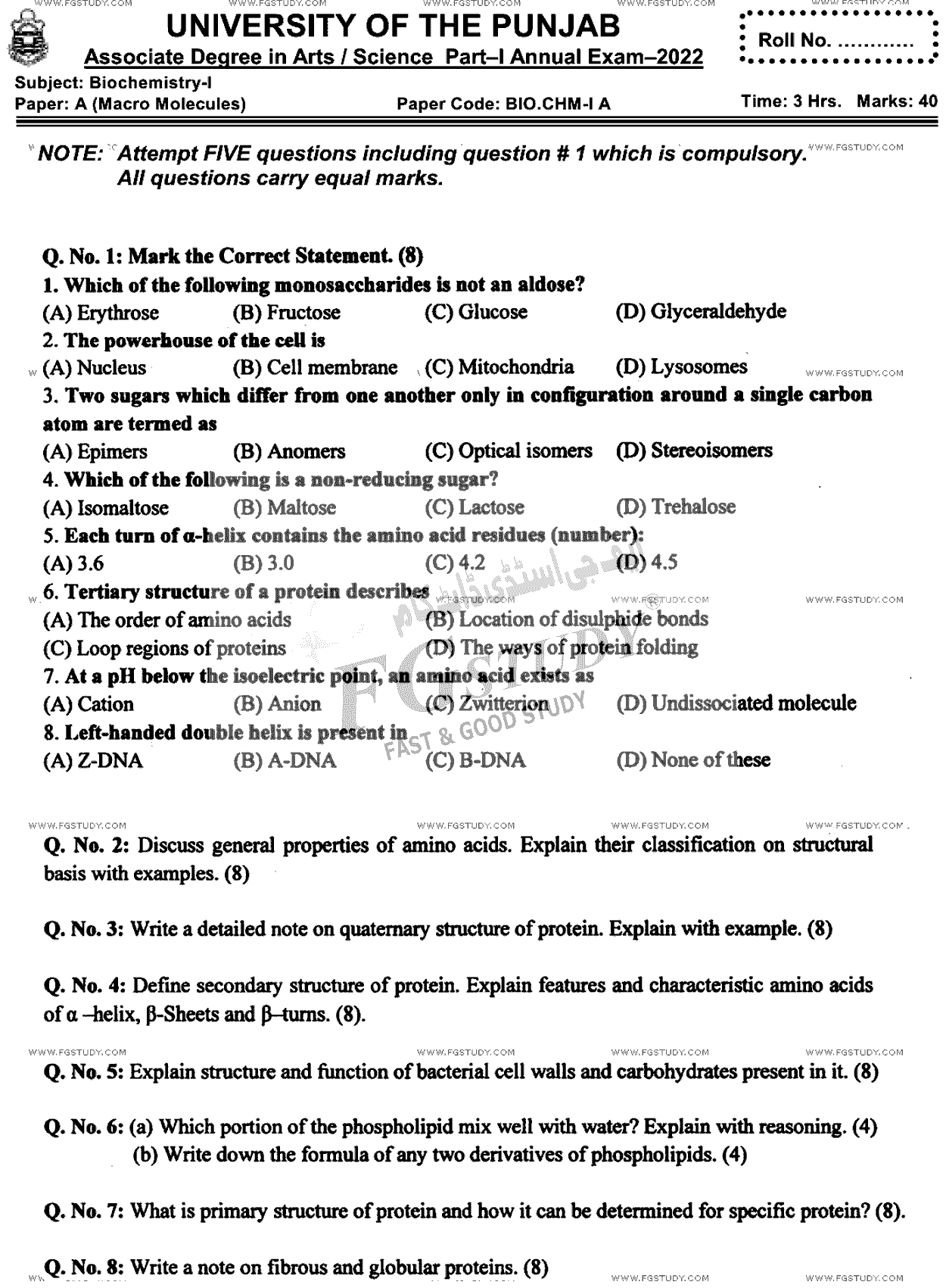 BSc Part 1 Biochemistry 1 Macro Molecules Past Paper 2022 Punjab University Subjective