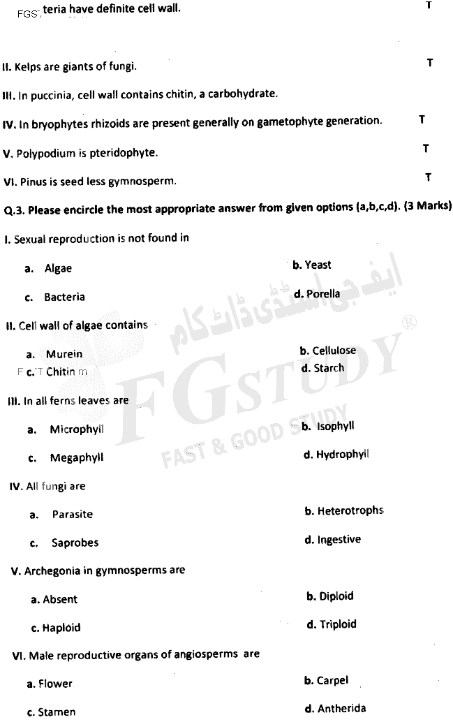 BSc Part 1 Botany 1 Diversity Of Plants Past Paper 2017 Punjab University Objective