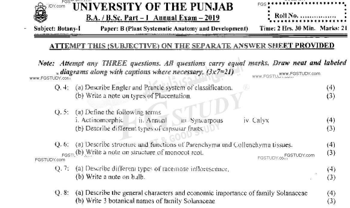 BSc Part 1 Botany 1 Diversity Of Plants Past Paper 2019 Punjab University Subjective