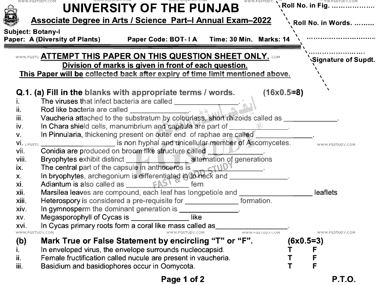 BSc Part 1 Botany 1 Diversity Of Plants Past Paper 2022 Punjab University Objective