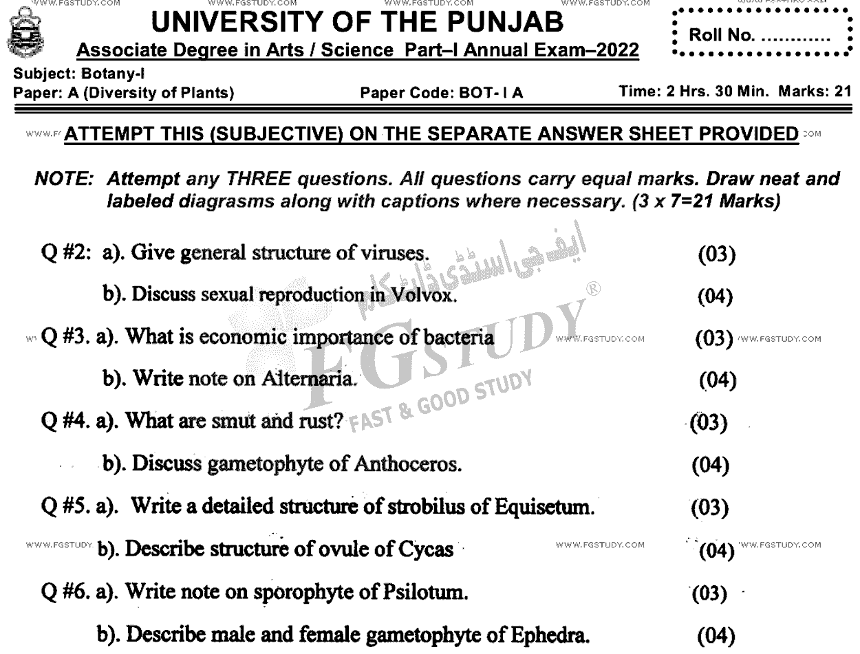 BSc Part 1 Botany 1 Diversity Of Plants Past Paper 2022 Punjab University Subjective