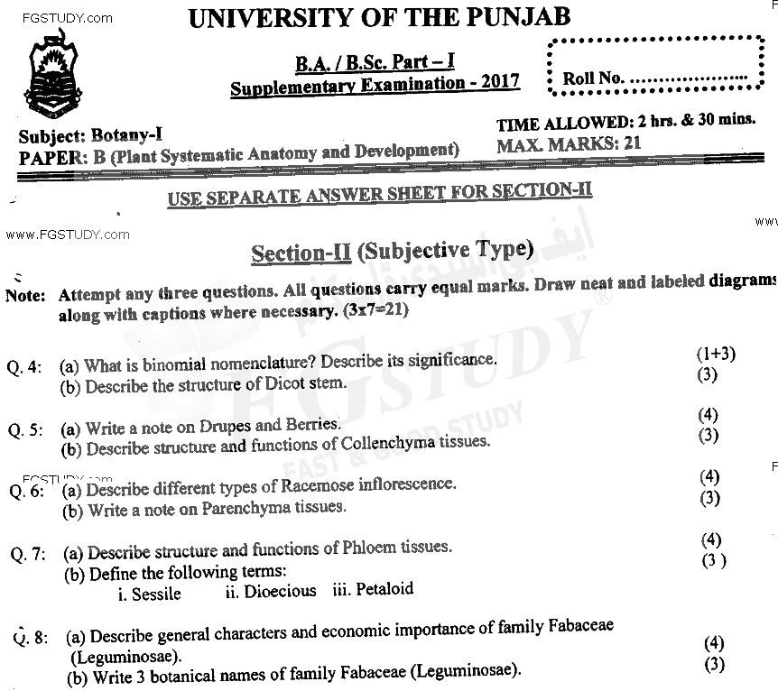 BSc Part 1 Botany 1 Plant Systematics Anatomy And Development Past Paper 2017 Punjab University Subjective