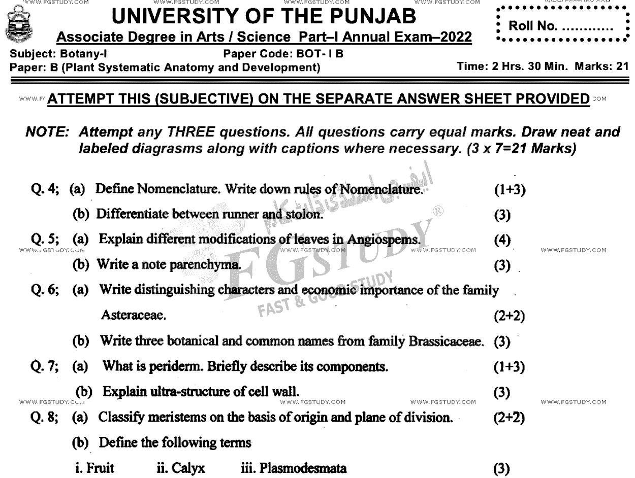 BSc Part 1 Botany 1 Plant Systematics Anatomy And Development Past Paper 2022 Punjab University Subjective