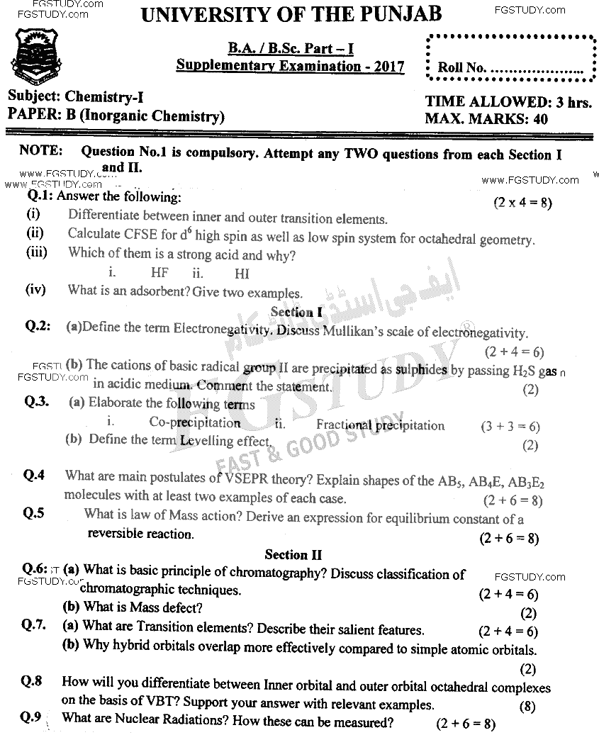 BSc Part 1 Chemistry 1 Inorganic Chemistry Past Paper 2017 Punjab University