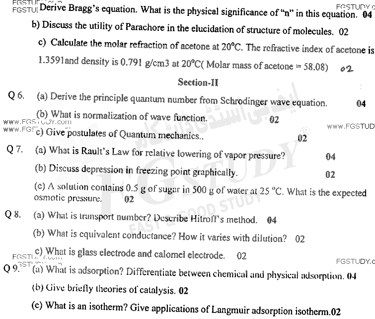 BSc Part 1 Chemistry 1 Physical Chemistry Past Paper 2016 Punjab University