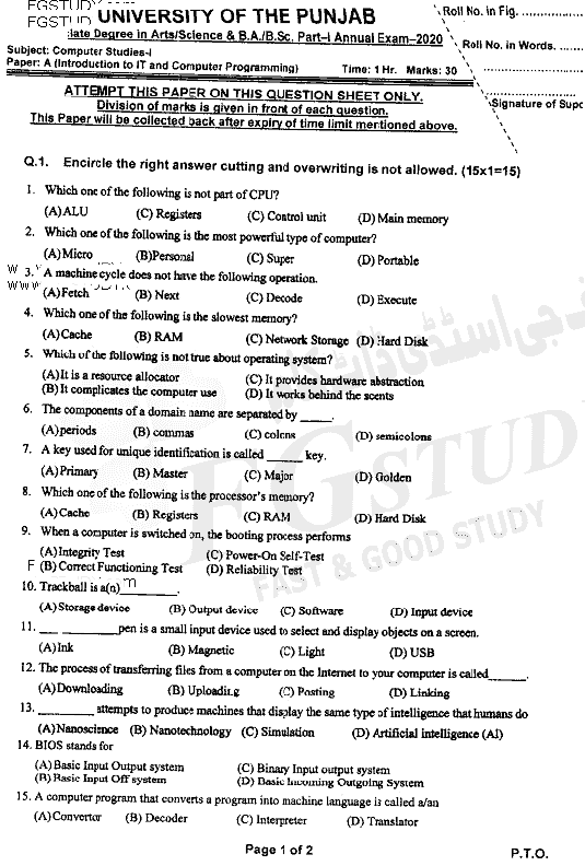 BSc Part 1 Computer Studies 1 Introduction To Information Technology And Computer Programming Past Paper 2020 Punjab University Objective