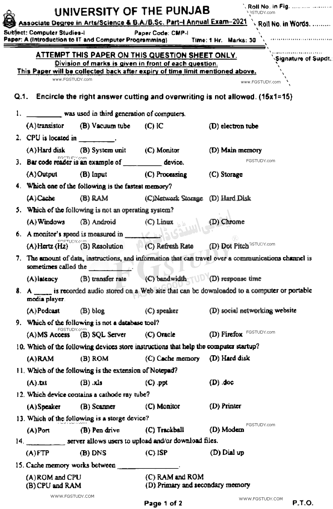 BSc Part 1 Computer Studies 1 Introduction To Information Technology And Computer Programming Past Paper 2021 Punjab University Objective