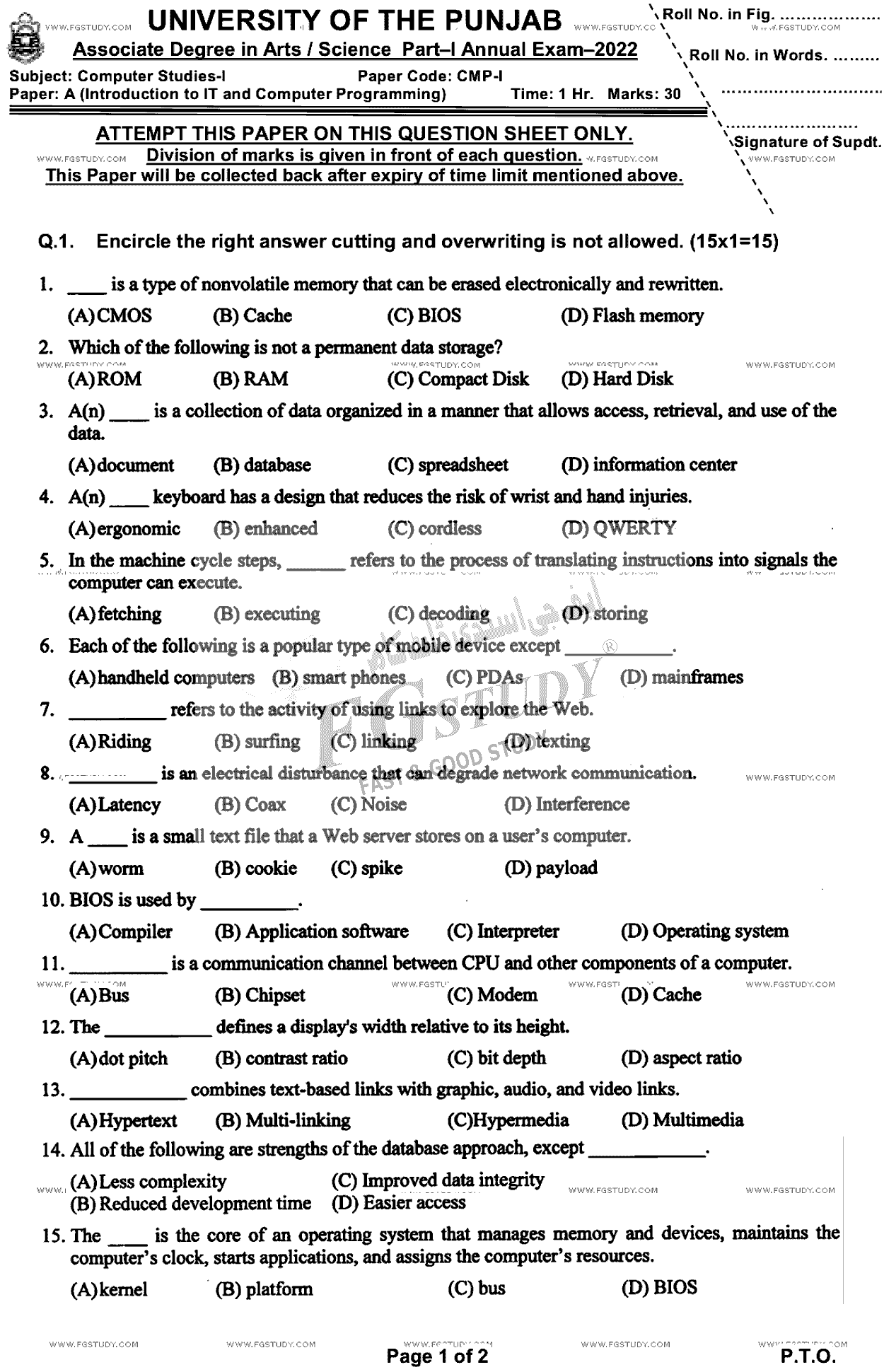 BSc Part 1 Computer Studies 1 Introduction To Information Technology And Computer Programming Past Paper 2022 Punjab University Objective