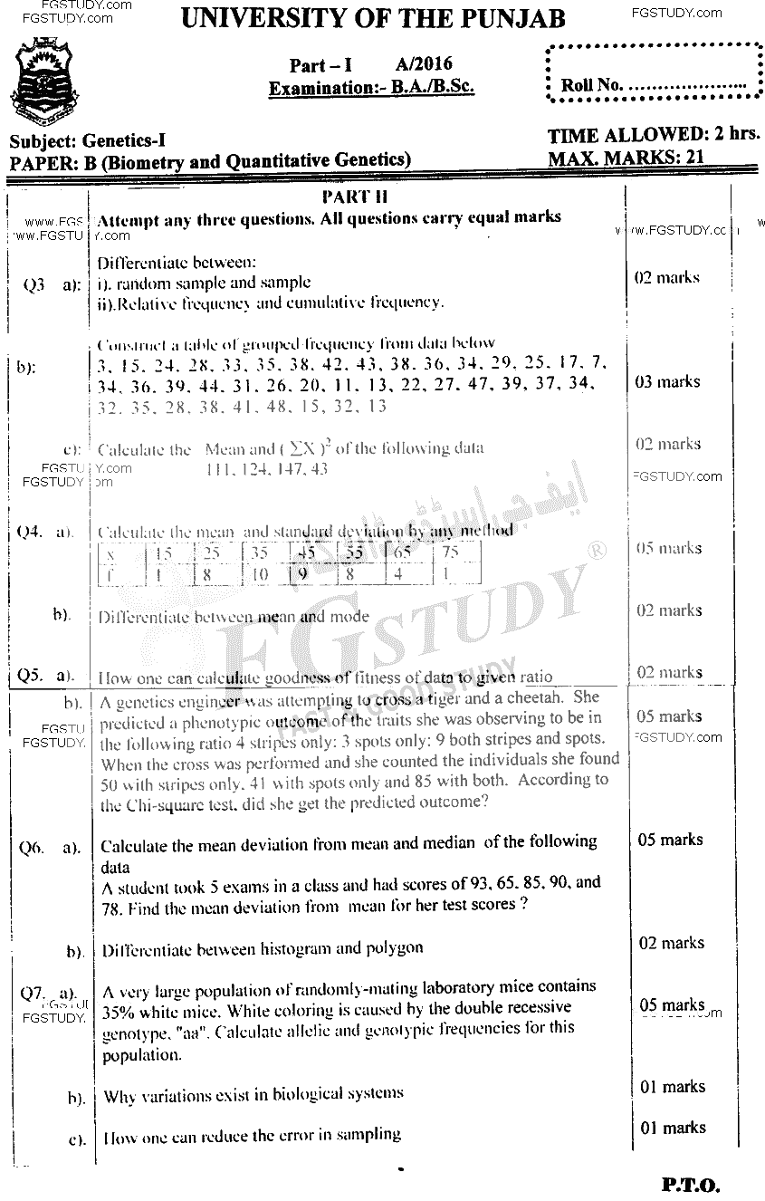 BSc Part 1 Genetics 1 Biometry And Quantitative Genetics Past Paper 2016 Punjab University Subjective