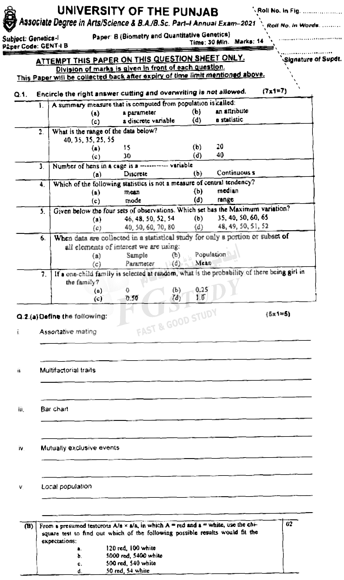 BSc Part 1 Genetics 1 Biometry And Quantitative Genetics Past Paper 2021 Punjab University Objective