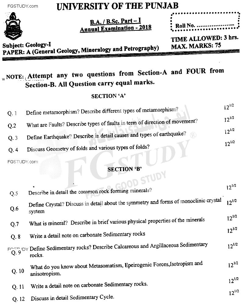 BSc Part 1 Geology 1 General Geology Mineralogy Petrography Past Paper 2018 Punjab University