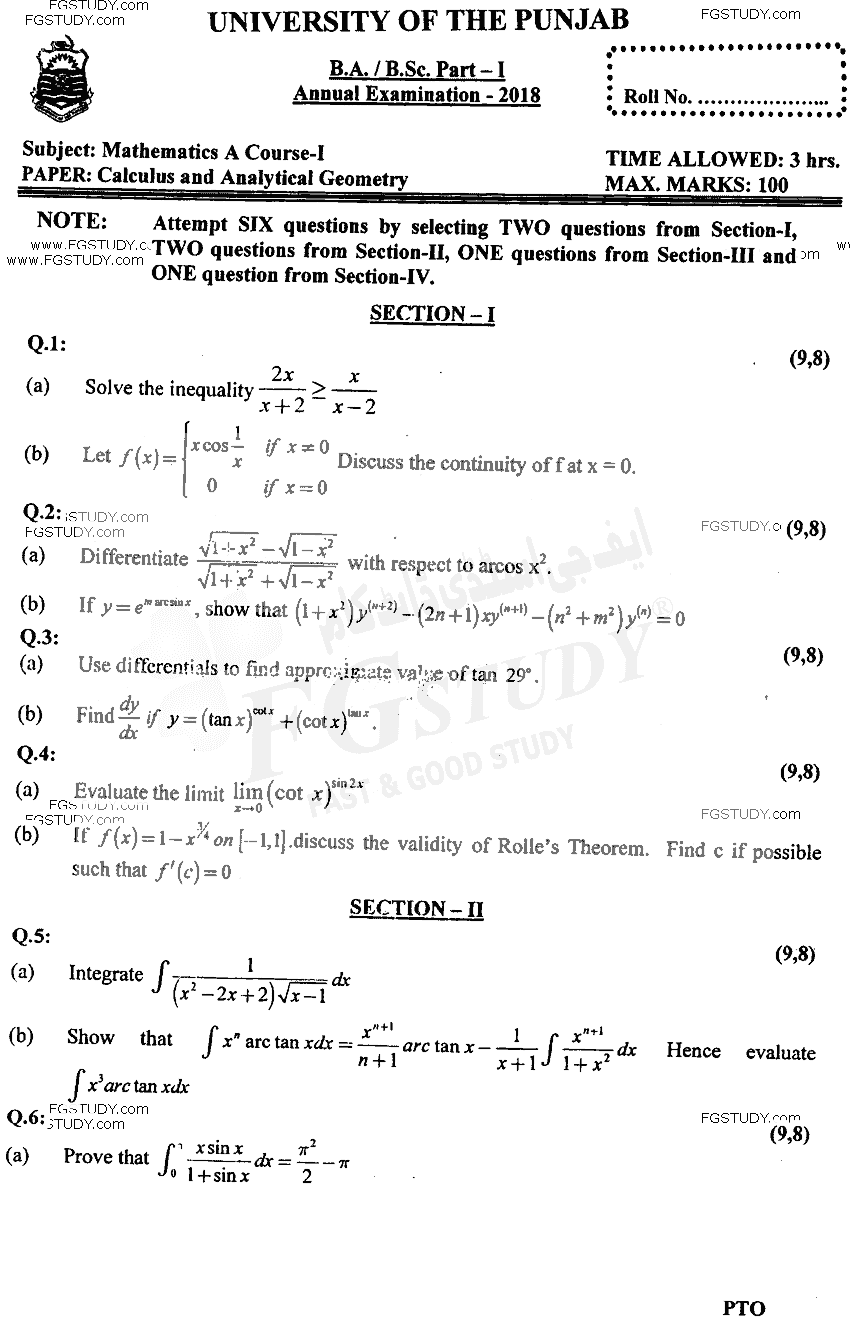 BSc Part 1 Mathematics A Course 1 Calculus And Analytical Geometry Past Paper 2018 Punjab University