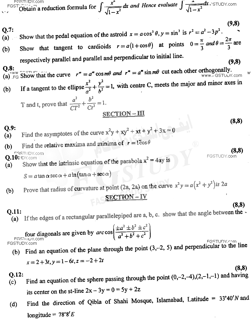 BSc Part 1 Mathematics A Course 1 Calculus And Analytical Geometry Past Paper 2018 Punjab University