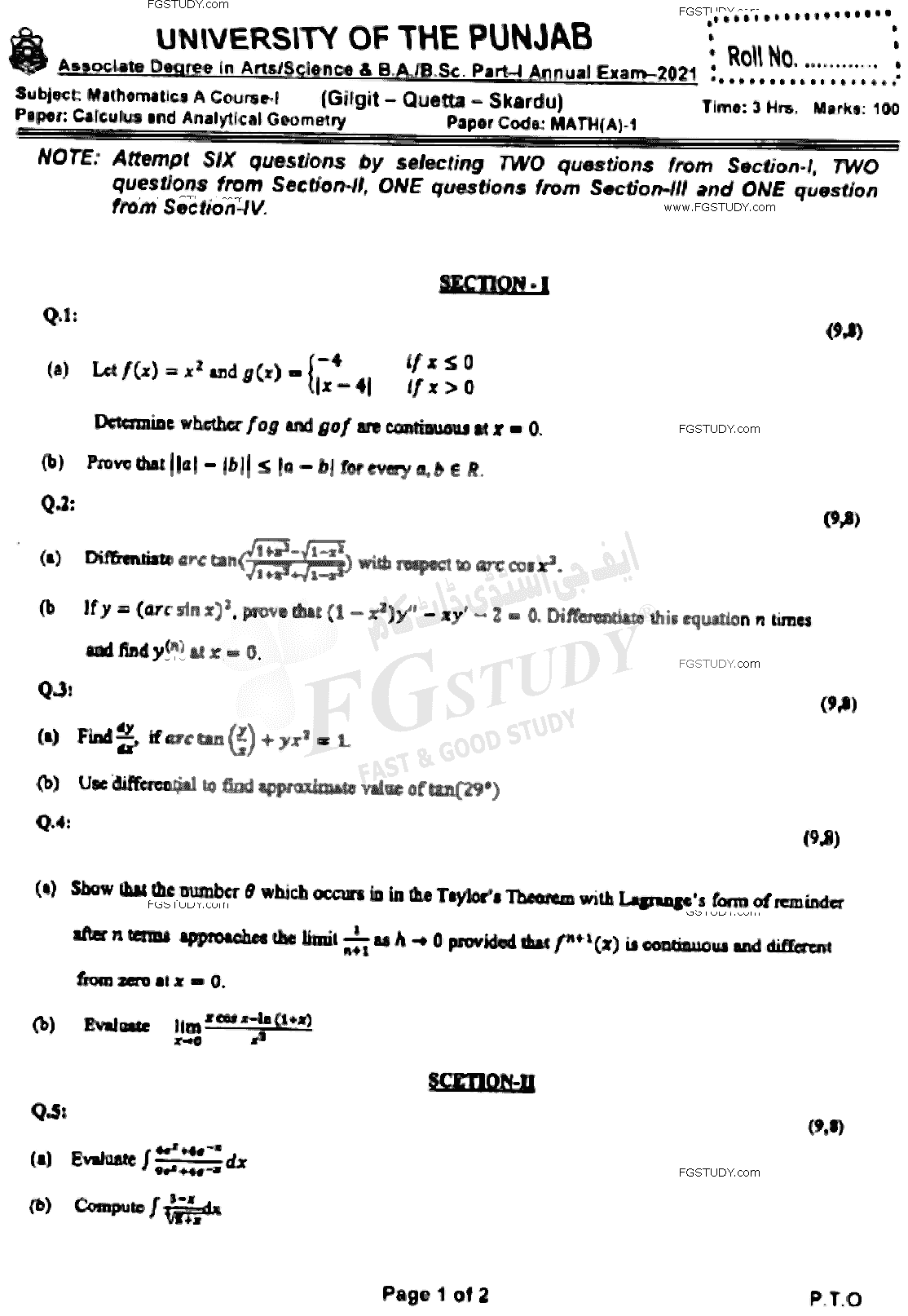 BSc Part 1 Mathematics A Course 1 Calculus And Analytical Geometry Past Paper 2021 Punjab University Subjective