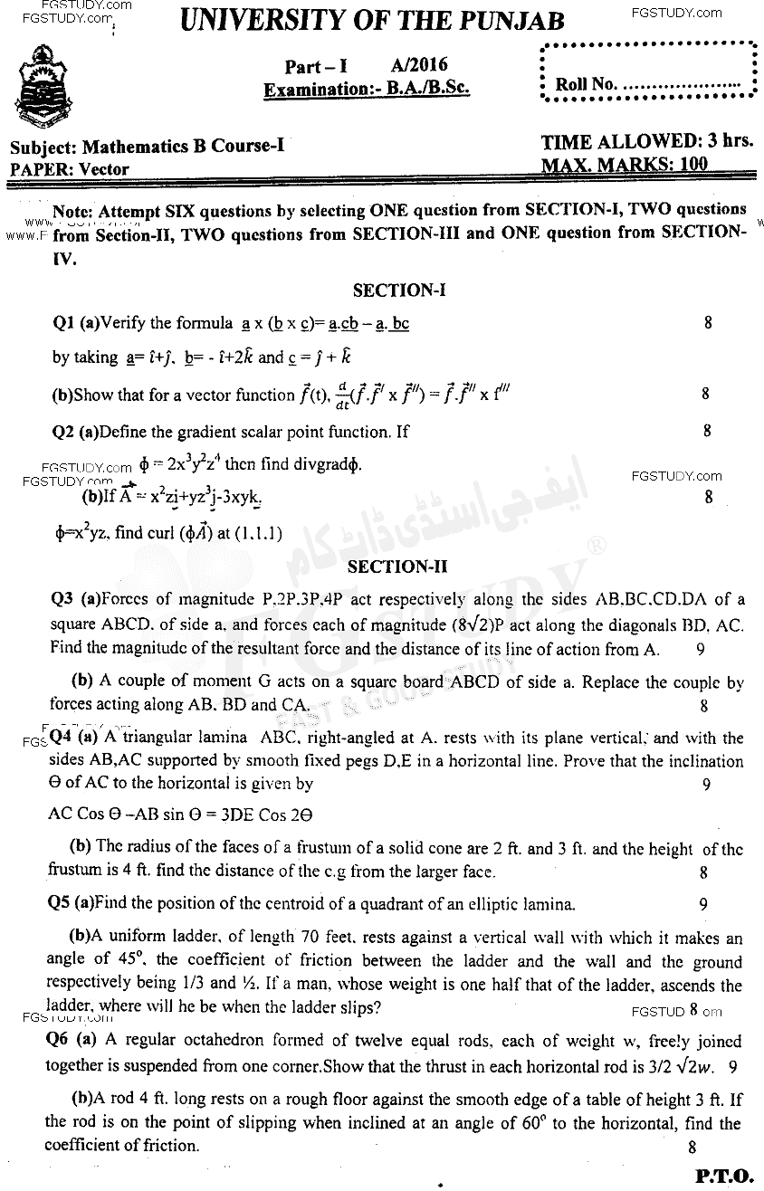BSc Part 1 Mathematics B Course 1 Vector Analysis And Mechanics Past Paper 2016 Punjab University