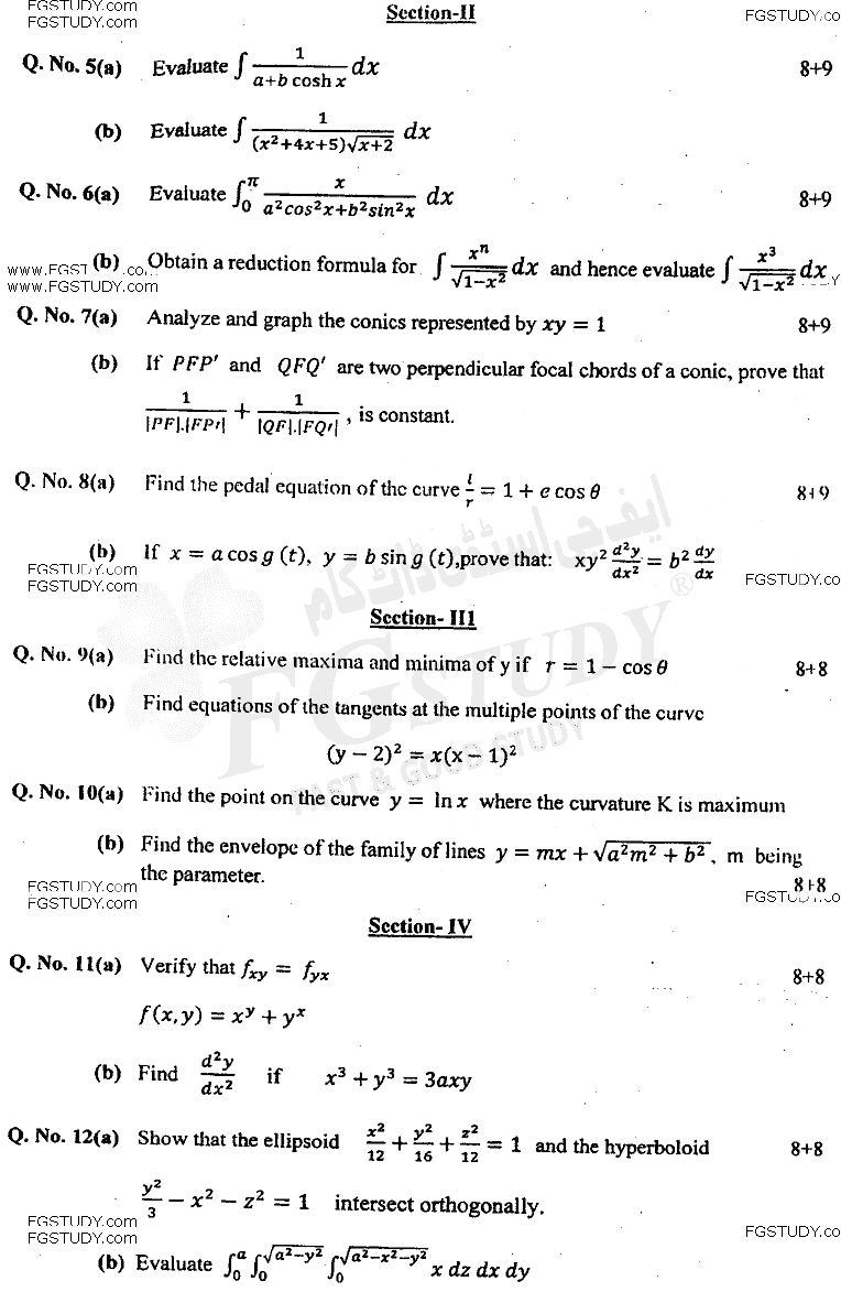 BSc Part 1 Mathematics General 1 Calculus Differential And Integral Calculus Past Paper 2016 Punjab University